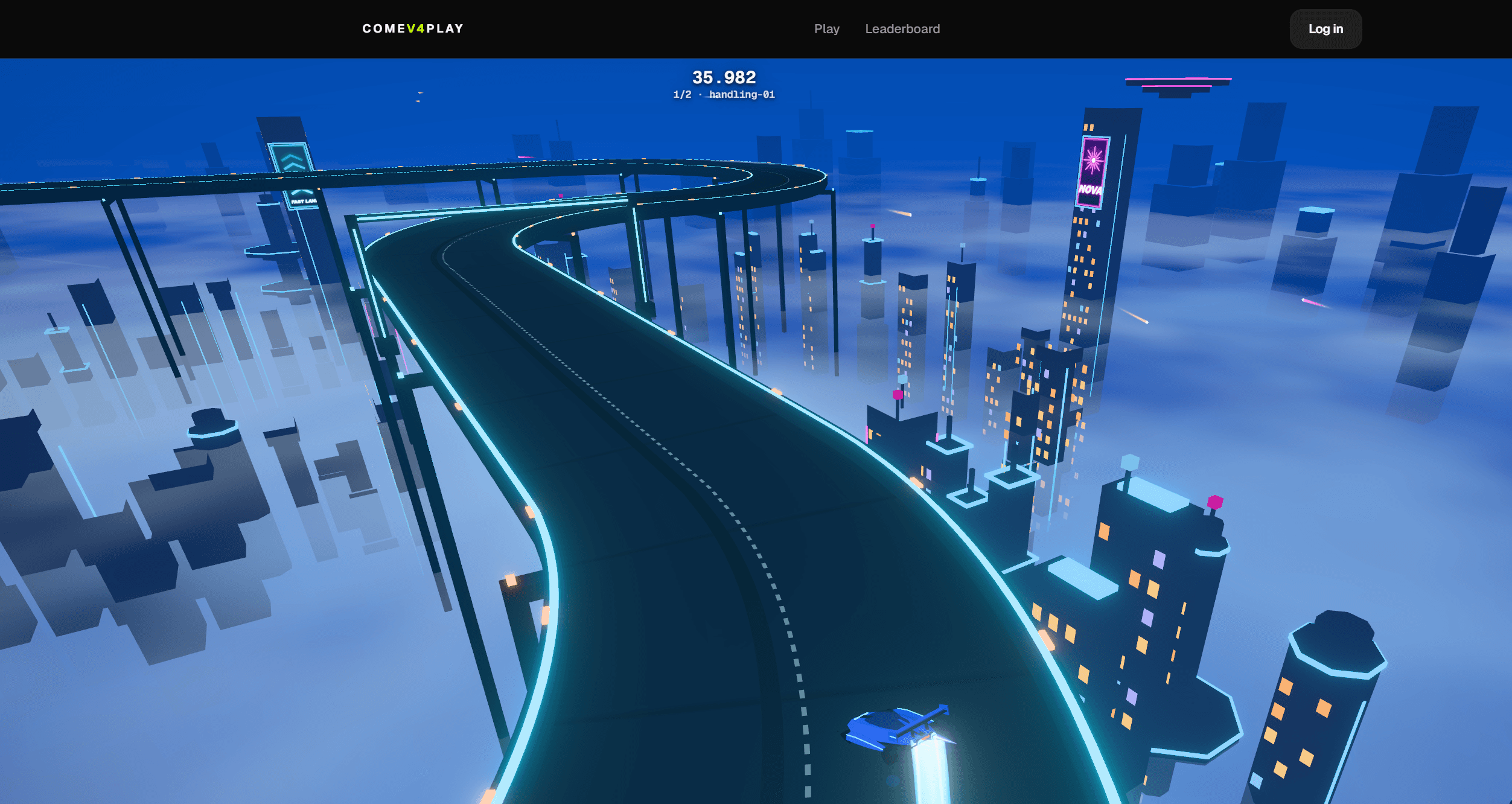 Racer — in-game run through the neon skyway